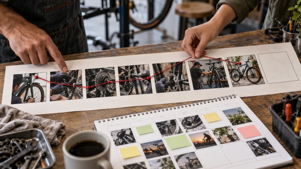 Mãos conferem uma sequência de fotos de manutenção de bicicleta ligadas por um fio vermelho, com um quadro vazio para a próxima pauta.