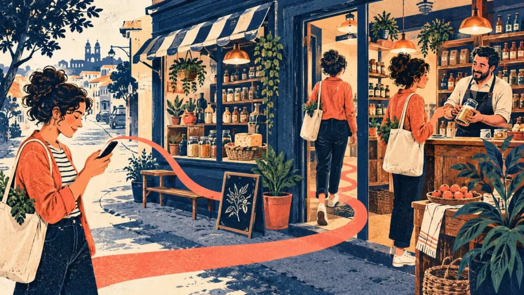 Ilustração mostra uma mulher olhando o celular, entrando em uma loja e conversando com o lojista, ligada por um caminho coral.