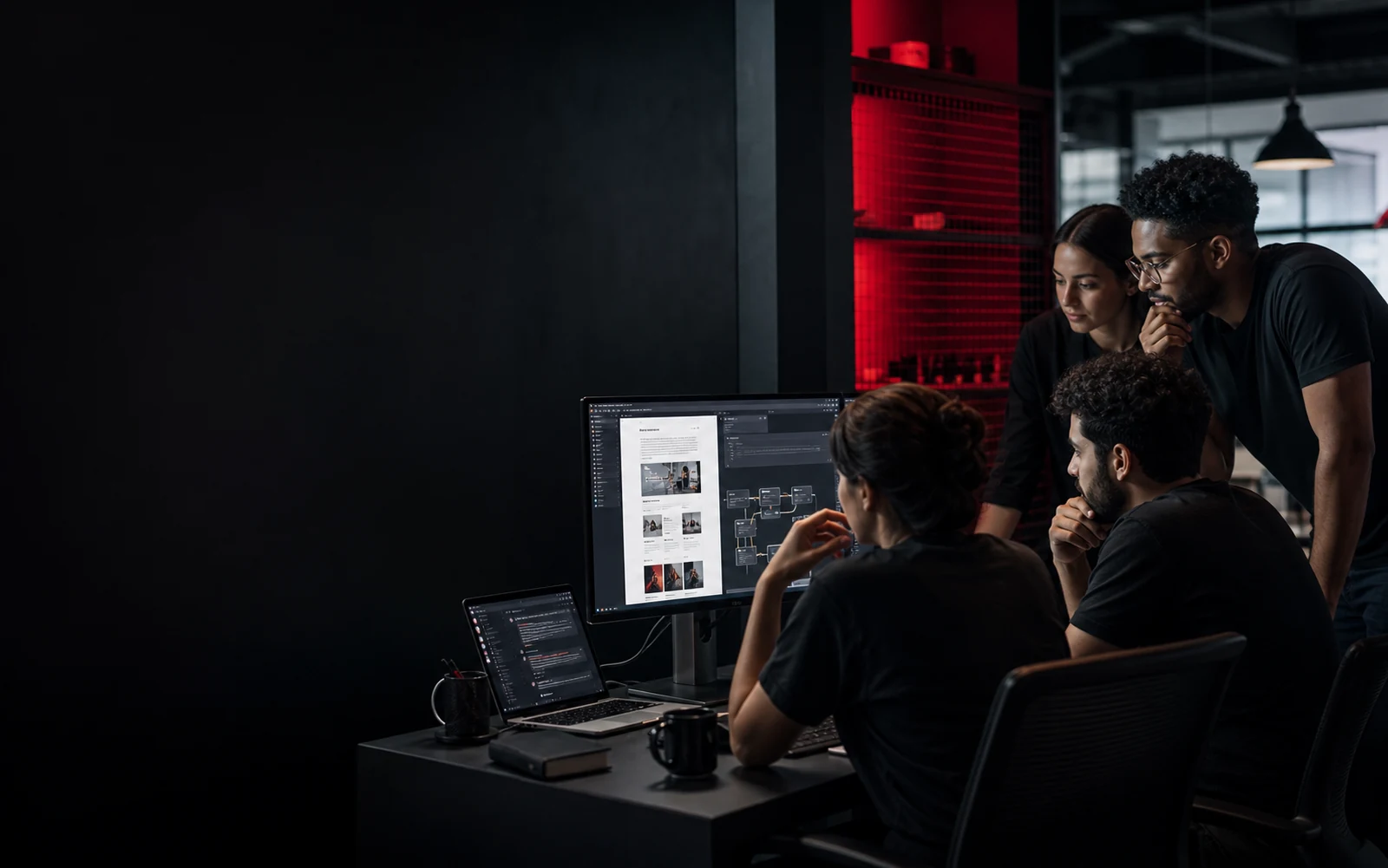 Equipe analisando página, conversa comercial e fluxo operacional em conjunto.