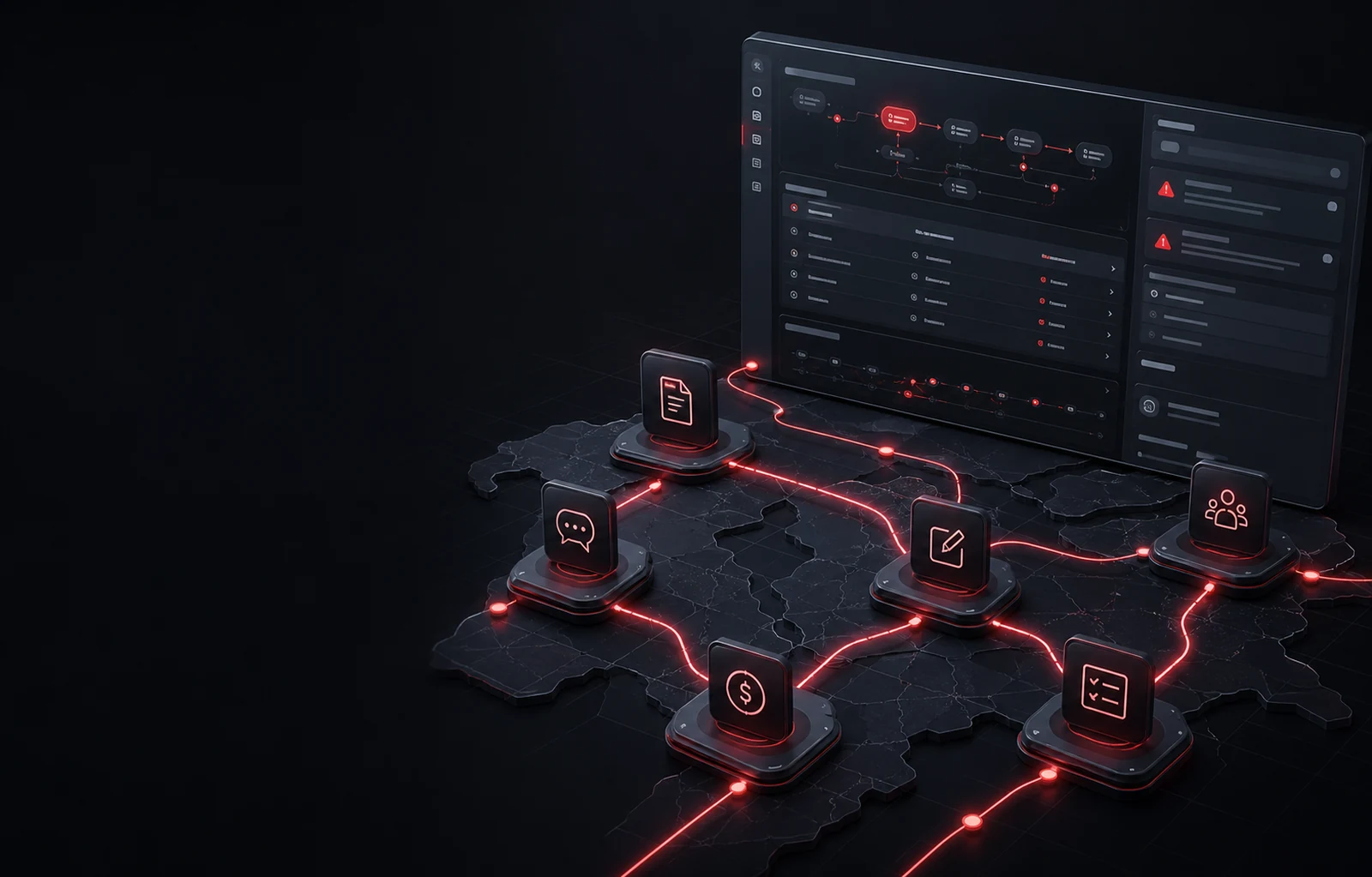 Mapa de automações ligando documentos, conversa, tarefas e equipe com painel de observabilidade.