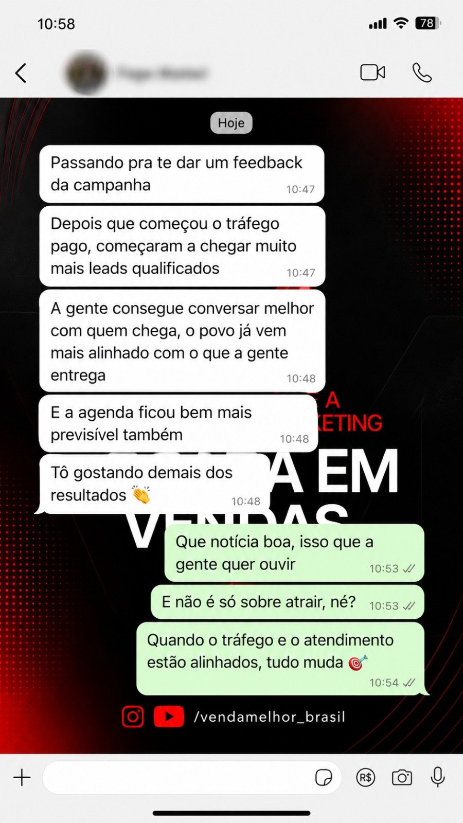 Relato sobre tráfego pago, leads qualificados e agenda previsível