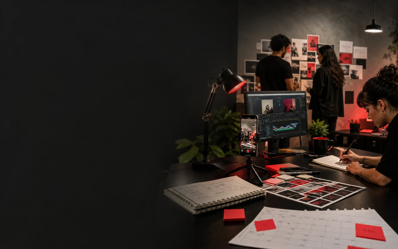 Equipe em processo de roteiro, gravação, edição e organização editorial.