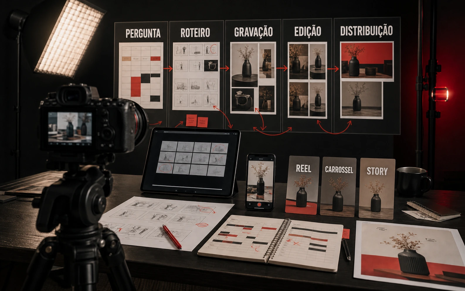 Sistema editorial com calendário, celular, carrosséis e formatos sociais