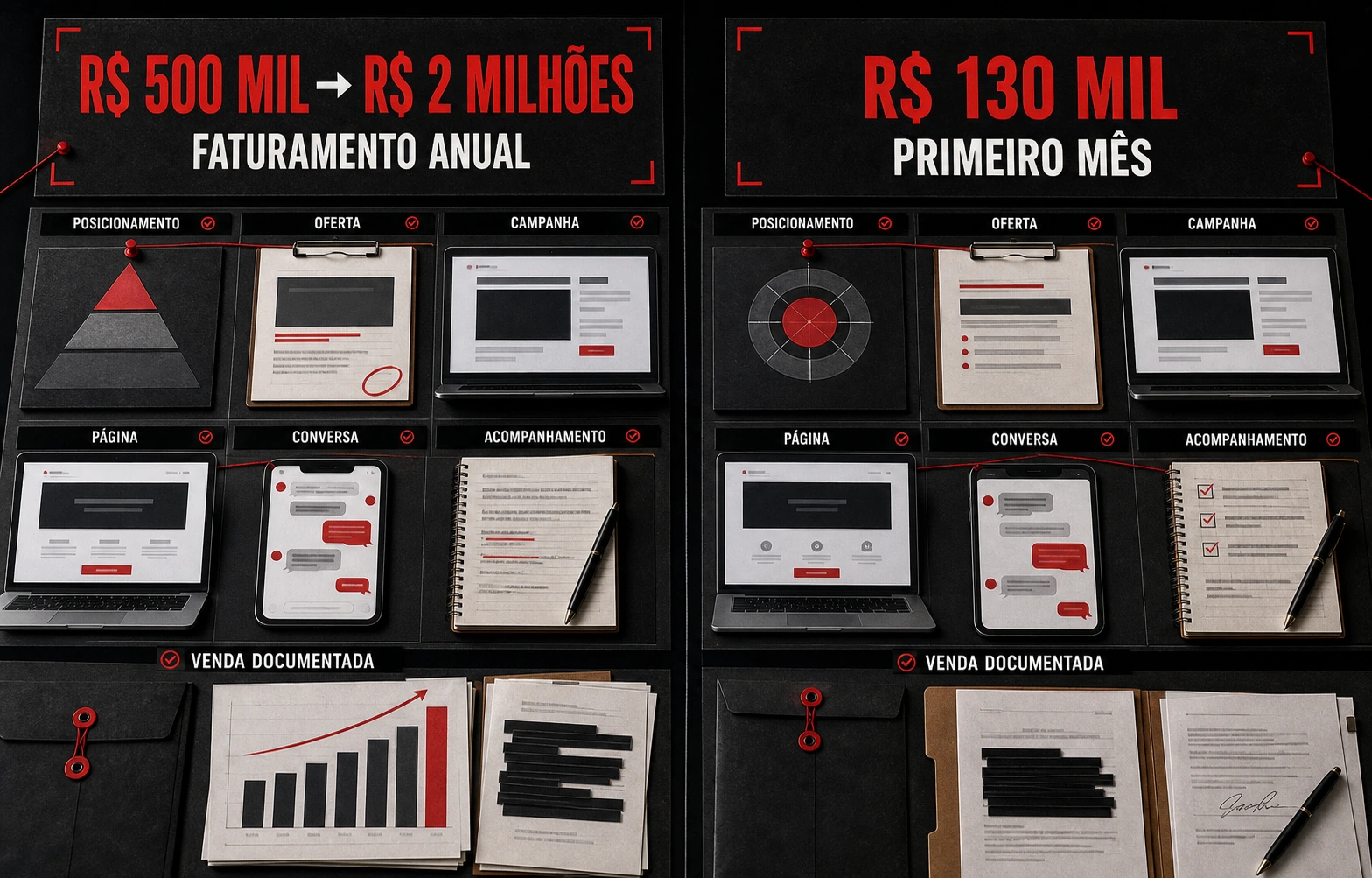Painel visual com resultados reais e as frentes que sustentaram a operação