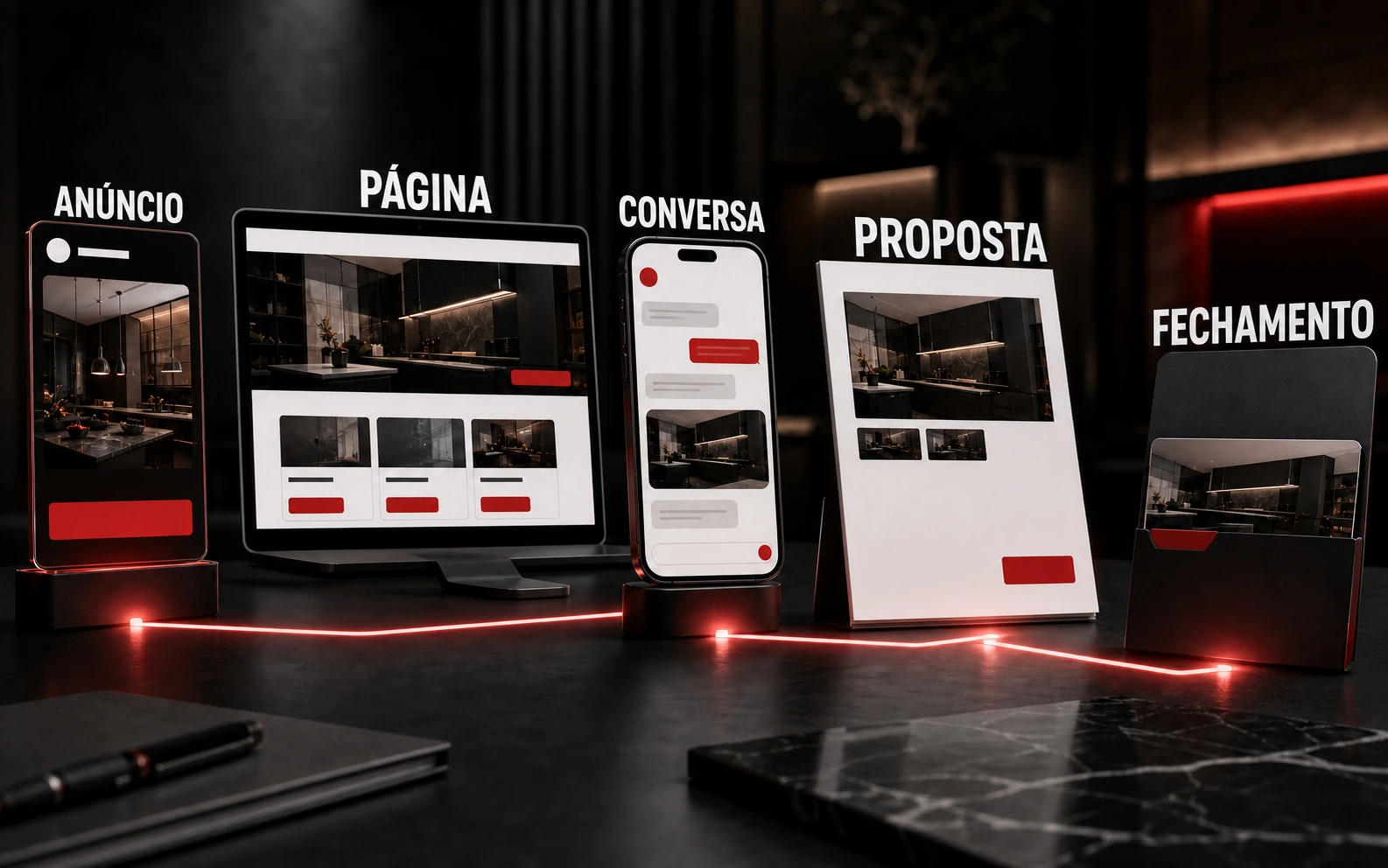 Caminho comercial entre anúncio, página, conversa, proposta e fechamento