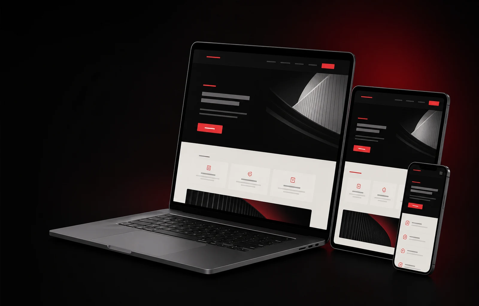 Landing page premium consistente em notebook, tablet e smartphone.