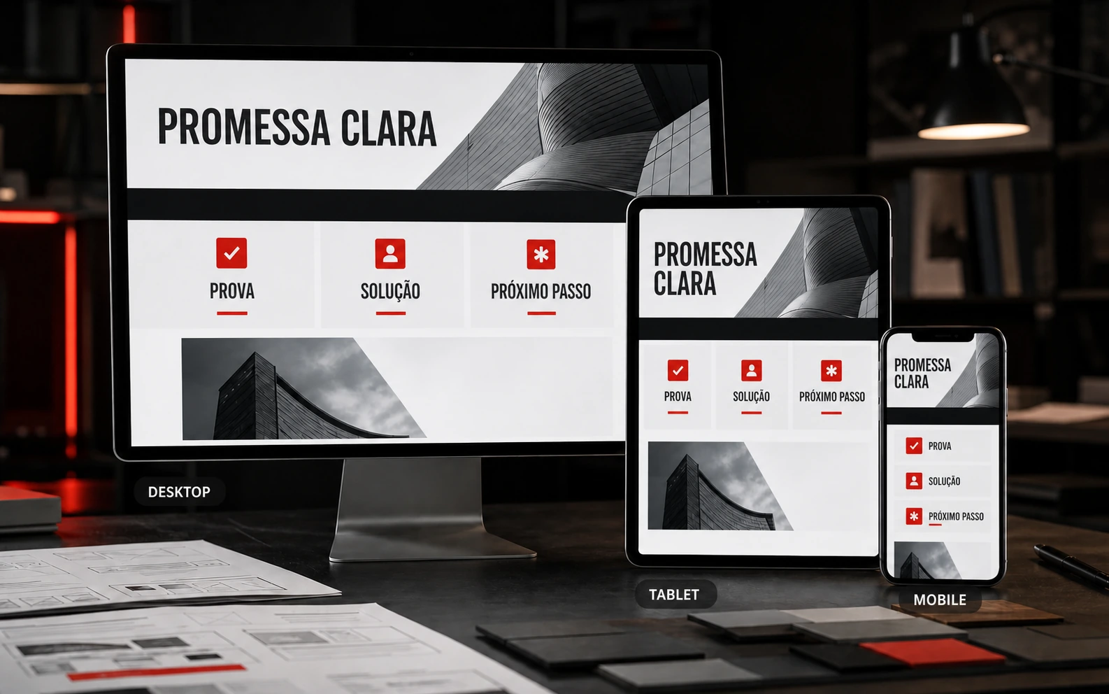 Site responsivo apresentado em computador, tablet e celular