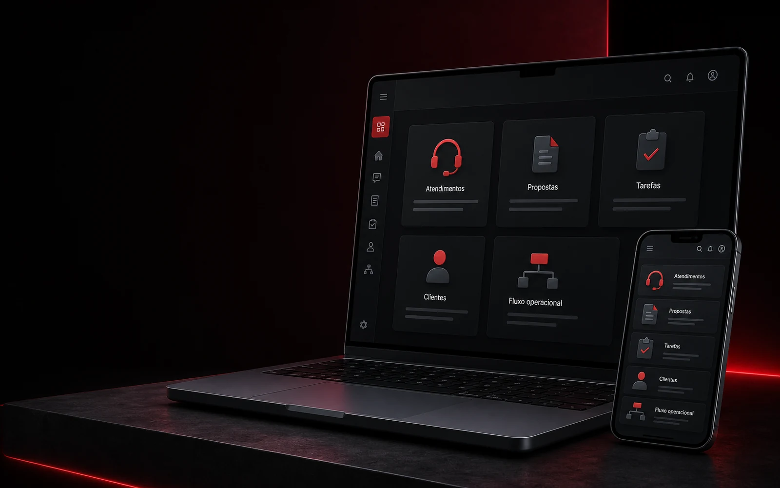 Plataforma modular de atendimento, propostas, tarefas e clientes em notebook e smartphone.