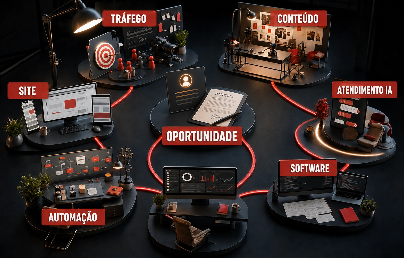 Ecossistema comercial com telas, atendimento e automações conectados